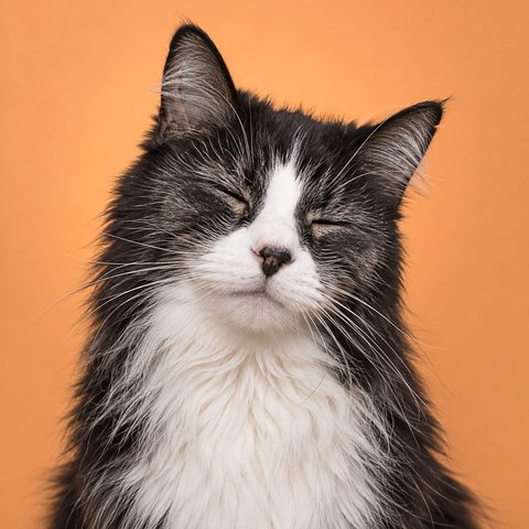 一只正慢慢眨眼的年长黑白长毛猫