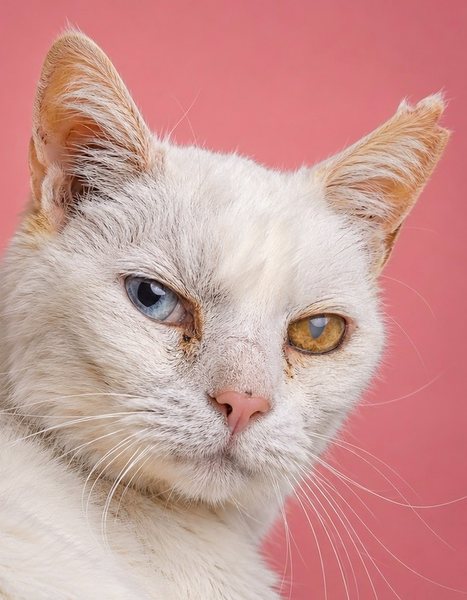 一只年长的白色异瞳猫(短毛家猫)