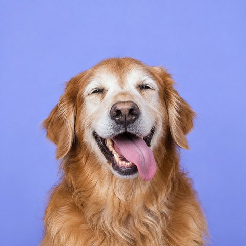 一只张大嘴咧着笑的年长金毛寻回犬