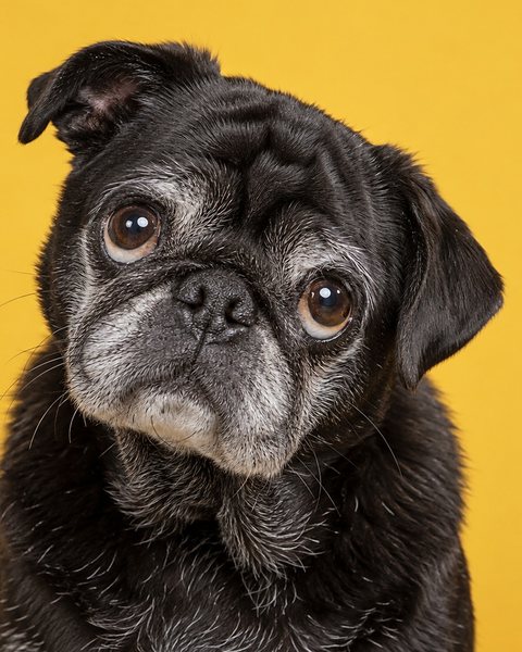 一只睁着充满期待的大眼睛的年长巴哥犬