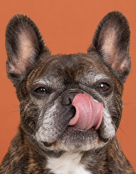 一只正在舔鼻子的年长法国斗牛犬
