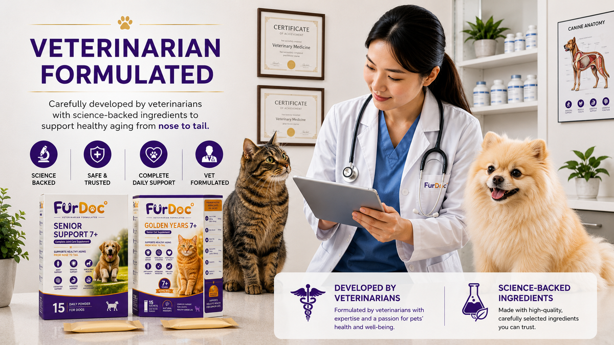 Veterinarian with a cat and dog, FurDoc supplements on the counter