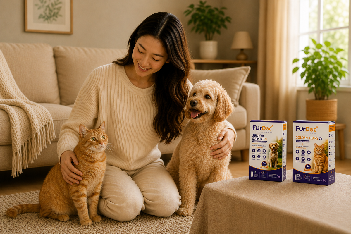 Pet parent feeding a senior cat and dog FurDoc supplements
