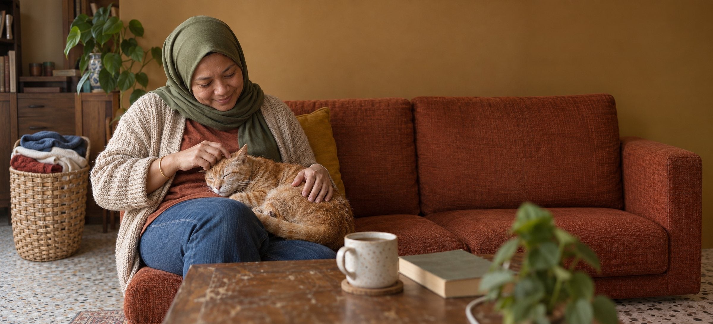 A woman on a rust sofa stroking her old orange cat asleep in her lap