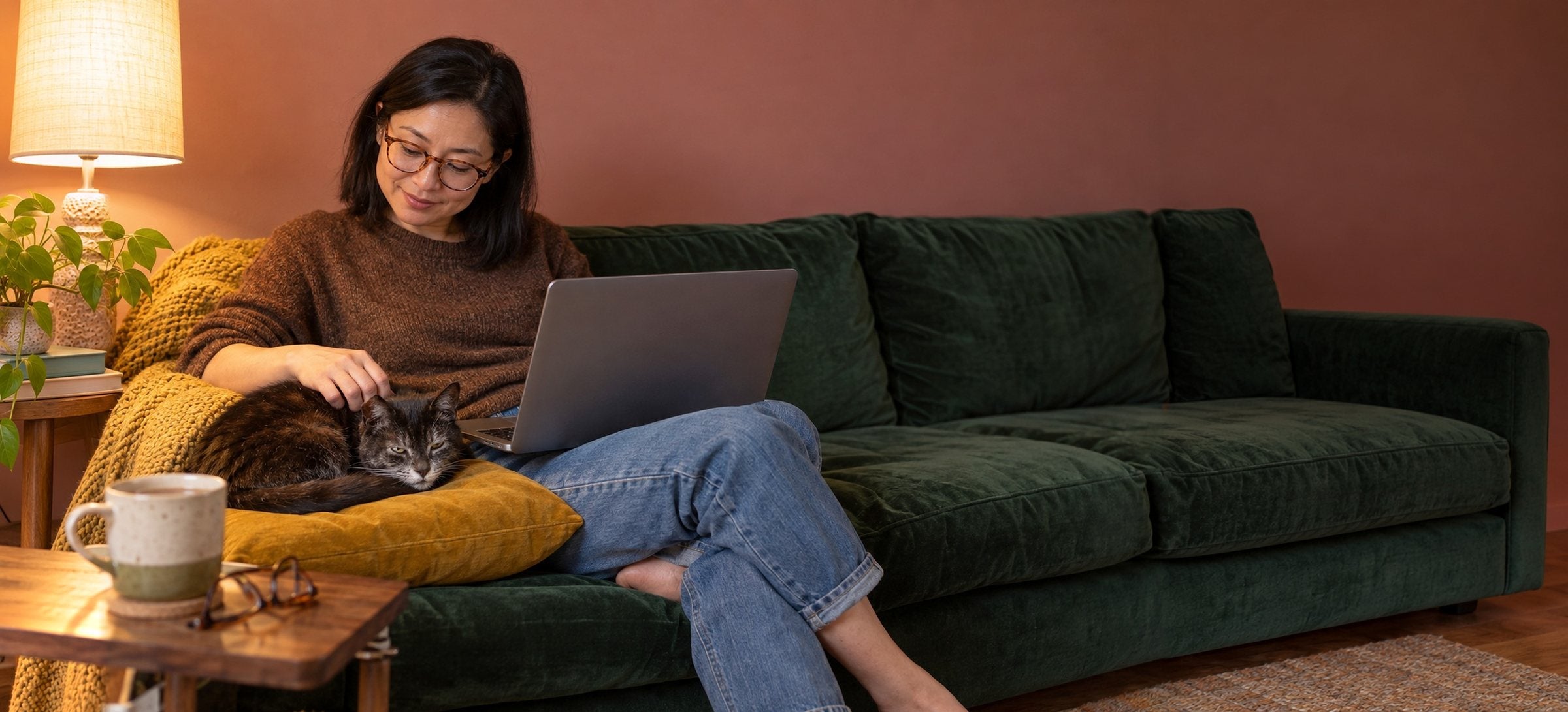 An old dark tabby cat asleep on a mustard cushion beside a woman on the sofa