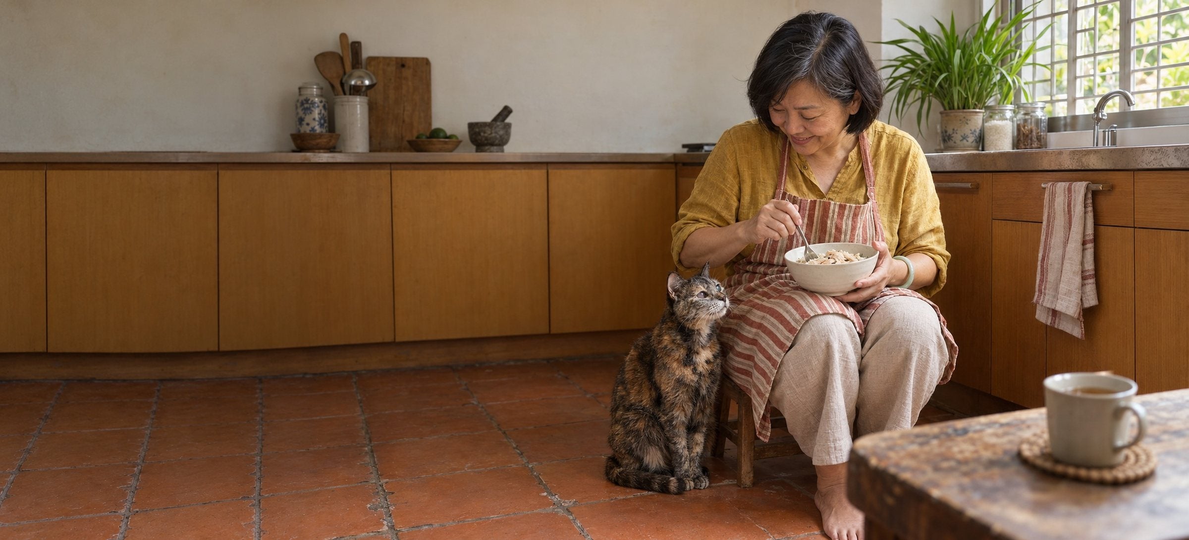 一位女士坐在厨房矮凳上搅拌碗里的食物，她的老玳瑁猫坐在她脚边，抬头望着她