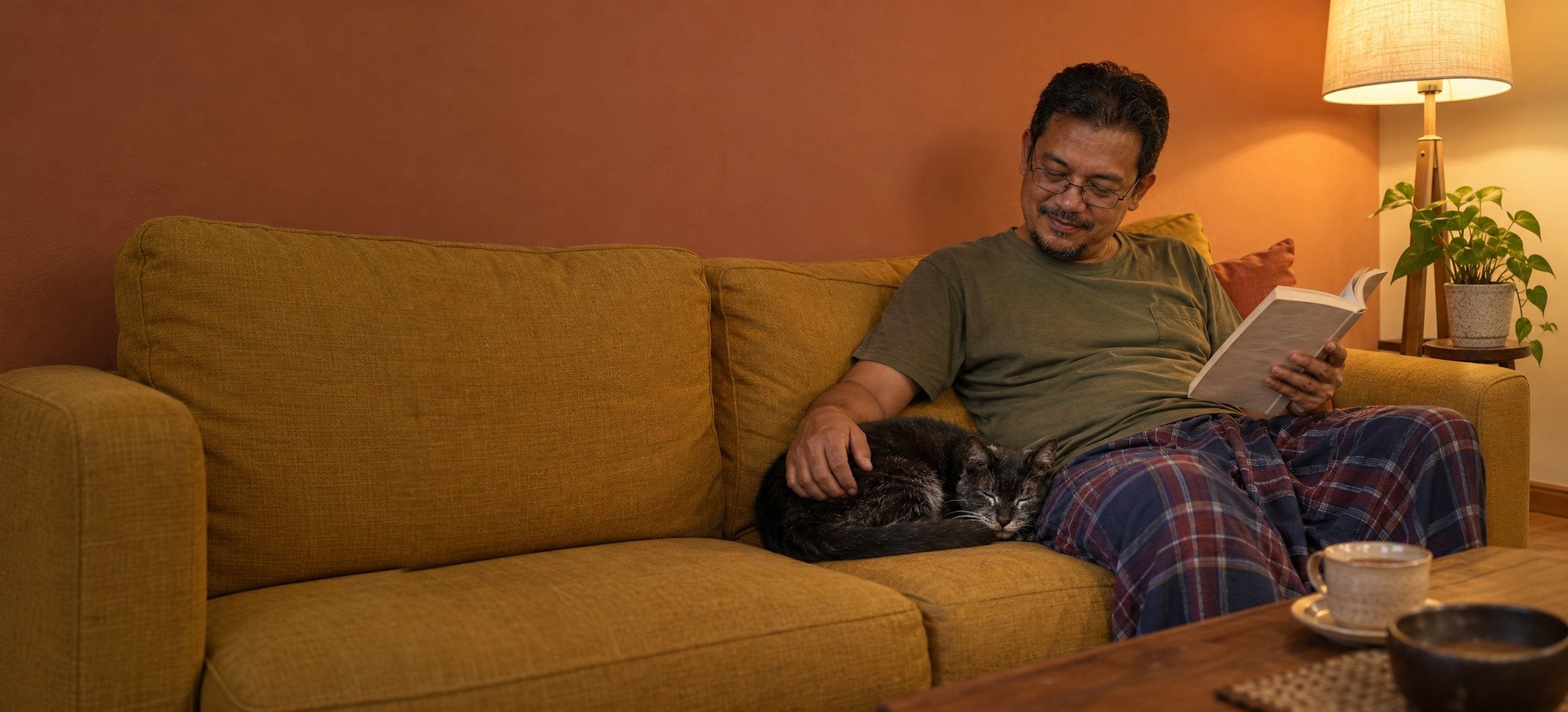 A man on a mustard sofa with an open book, one hand resting on his old dark grey cat asleep beside him in the lamplight