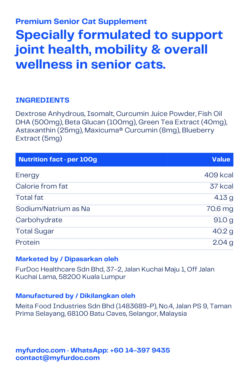 The back of the Golden Years 7+ box: ingredients and nutrition facts