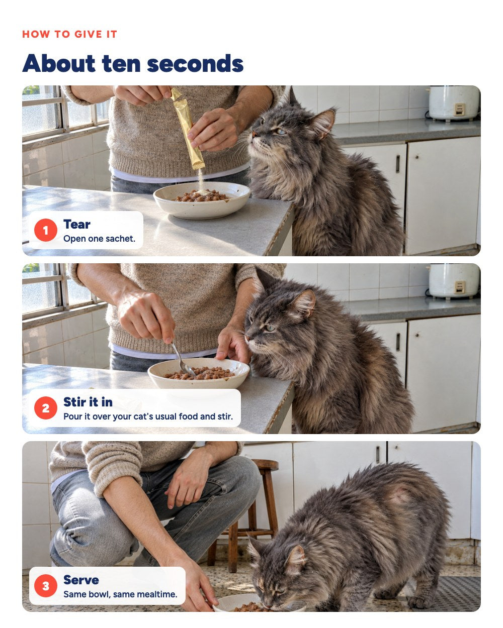How to give it: tear the sachet, stir it into your cat's food, serve