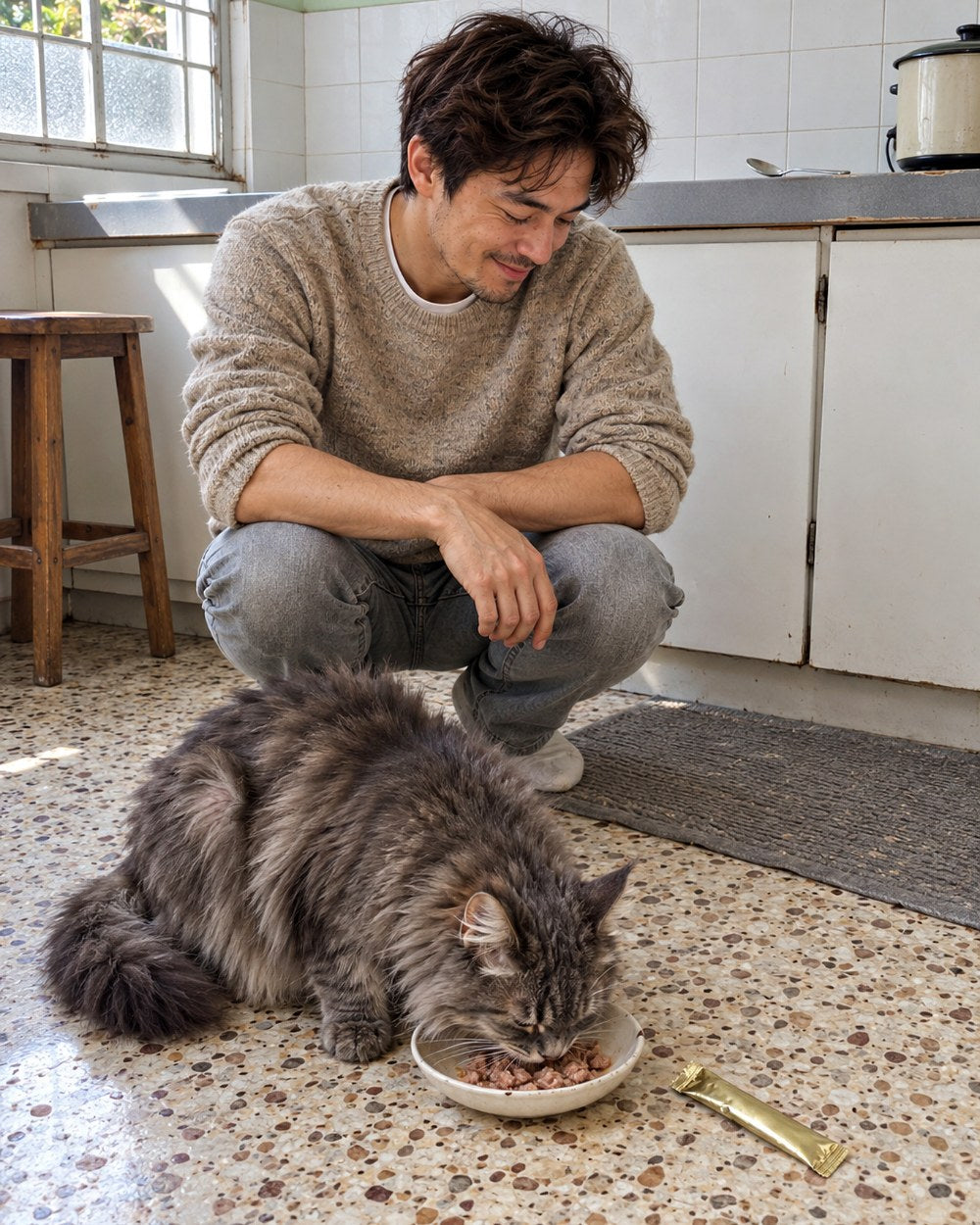 An older cat eating the mixed meal