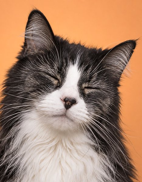 一只正慢慢眨眼的年长黑白长毛猫