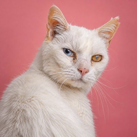 An older white odd-eyed cat (domestic shorthair)