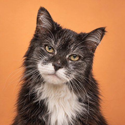 An older tuxedo domestic longhair