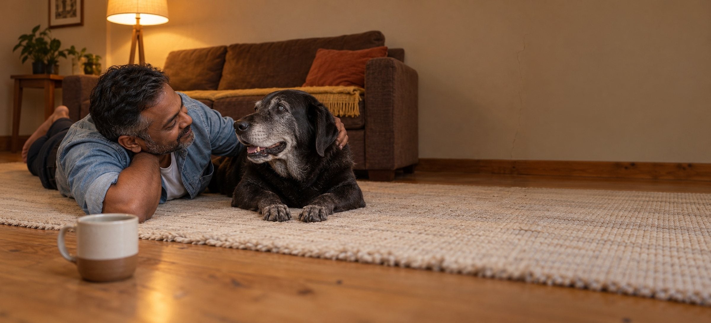 A man lying on the rug nose to nose with his old black Labrador
