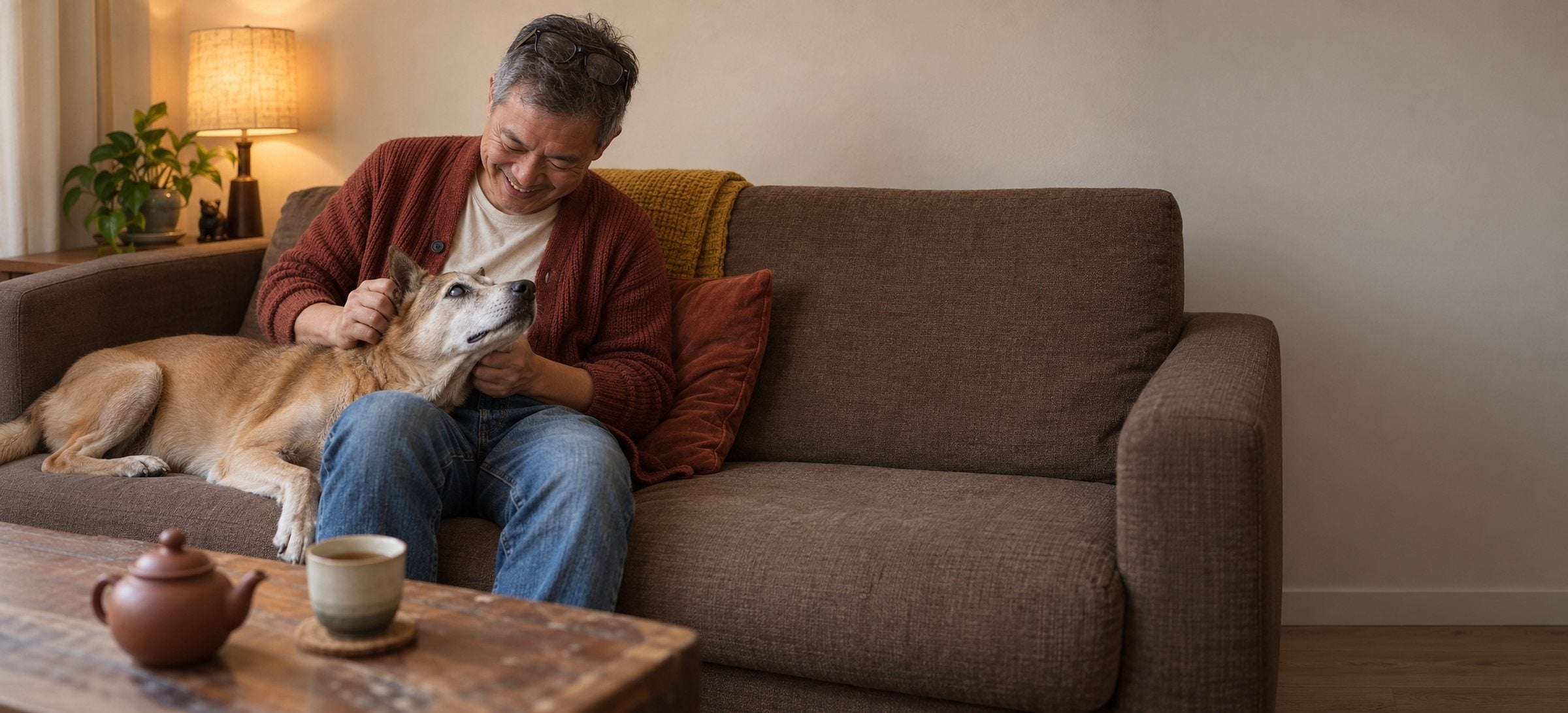 A man laughing on the sofa as his old dog rests its head on his lap