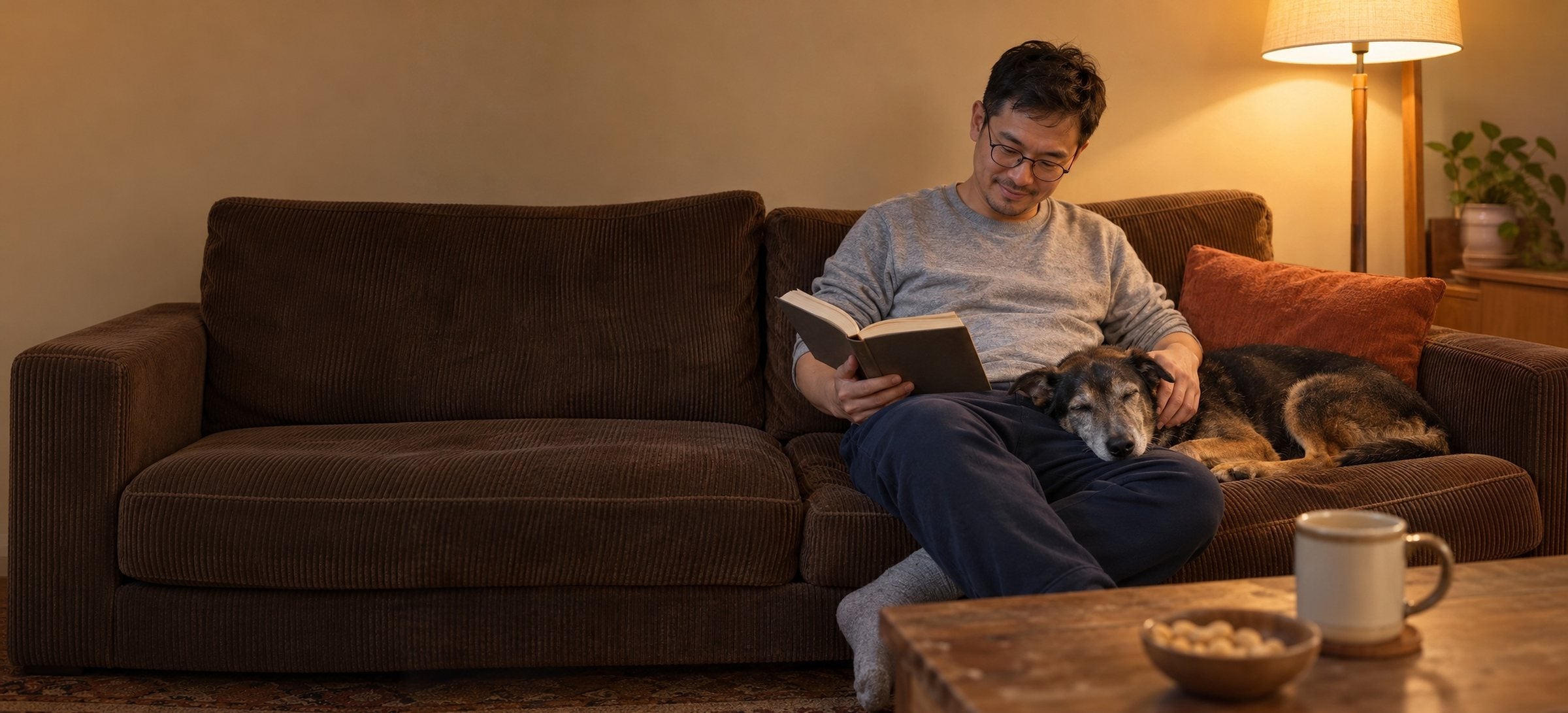 A man reading on a brown sofa under a floor lamp, his old black-and-tan dog asleep beside him with its chin on his leg
