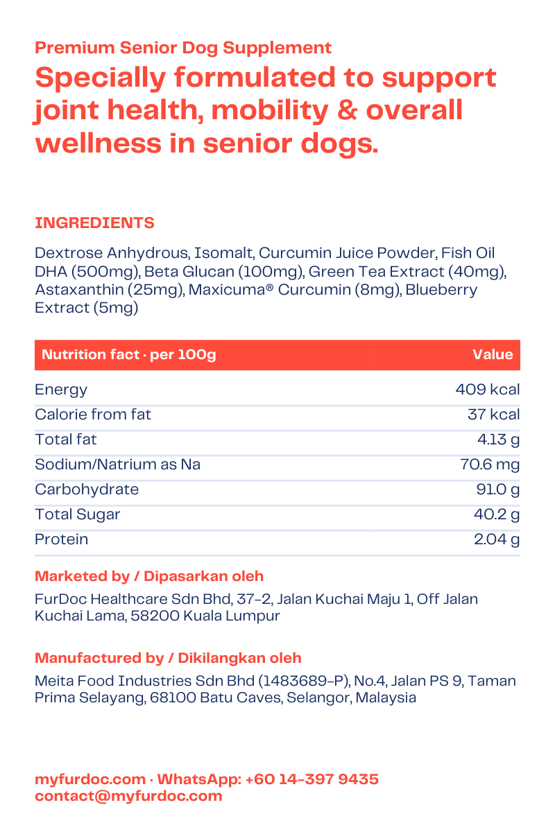 The back of the Senior Support 7+ box: ingredients and nutrition facts