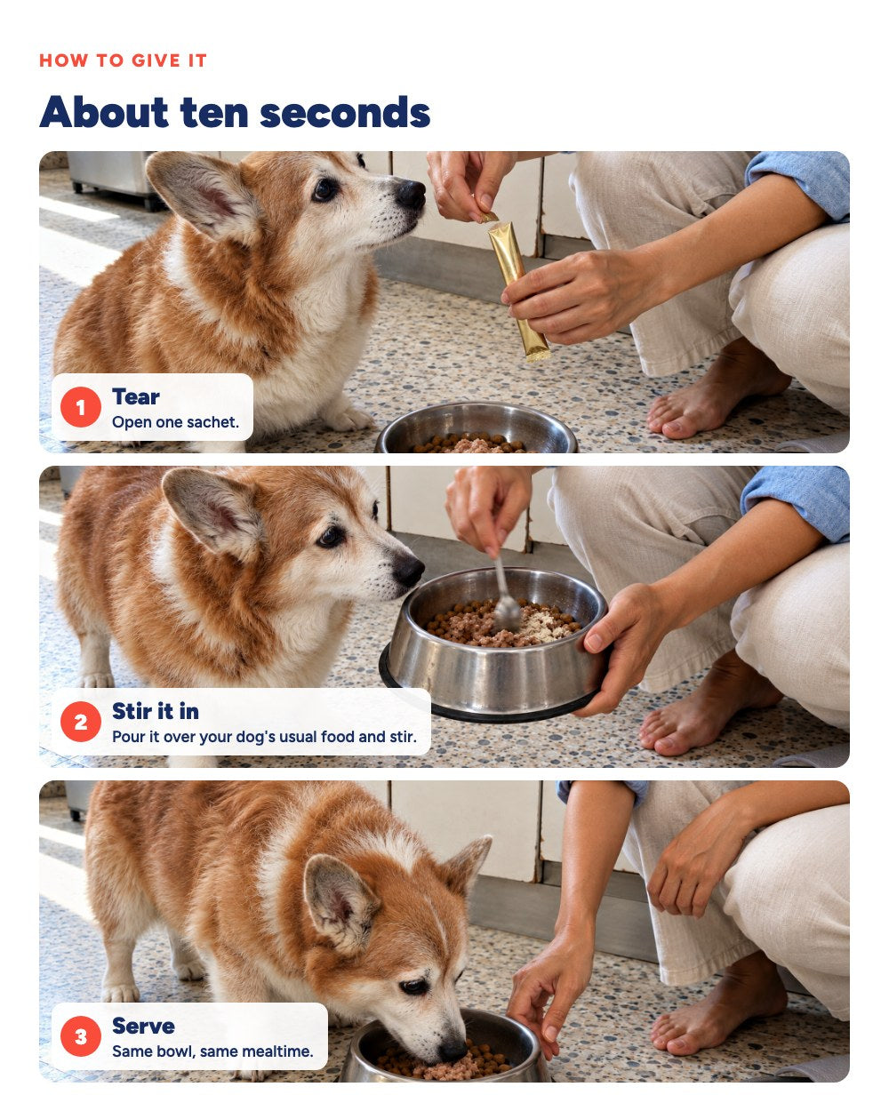 How to give it: tear the sachet, stir it into your dog's food, serve