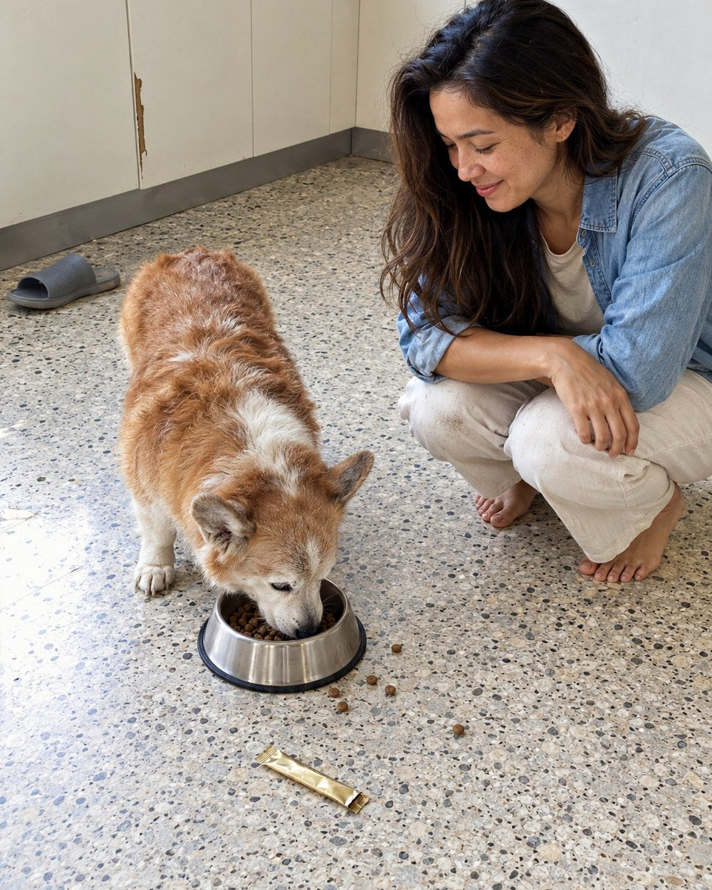 An older dog eating the mixed meal