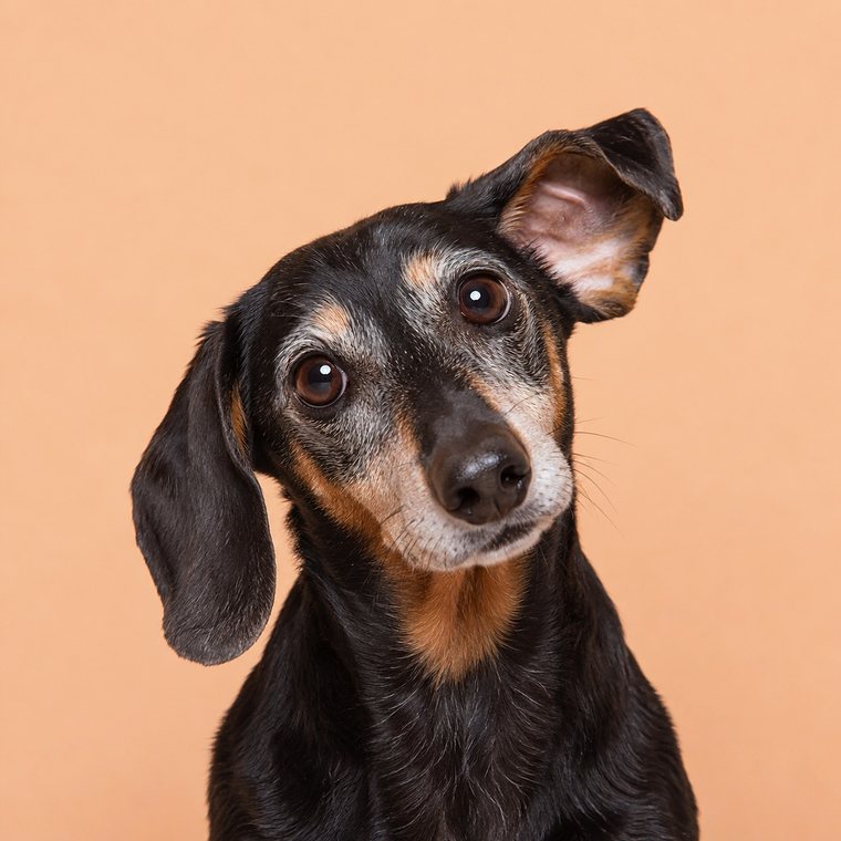 An older dachshund with its head tilted and one ear flipped up