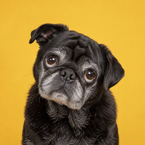 An older pug with big hopeful eyes