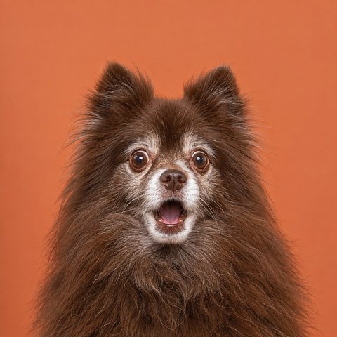 An older Pomeranian with a surprised look