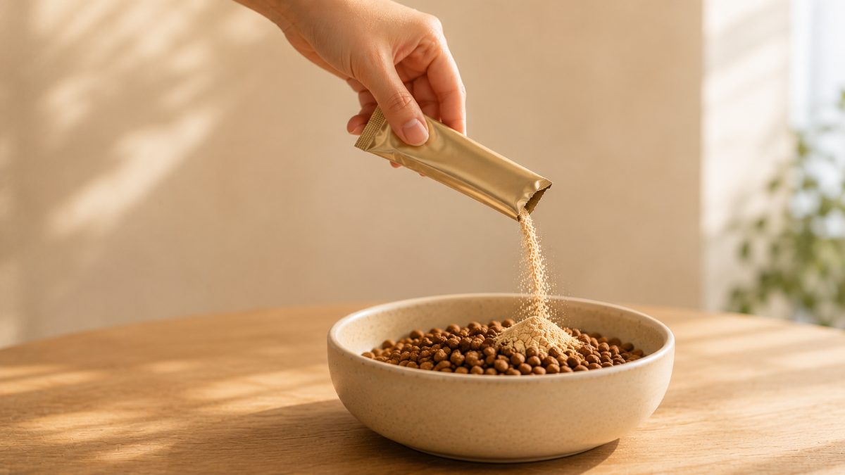 Pouring a FurDoc sachet into a senior dog's food bowl